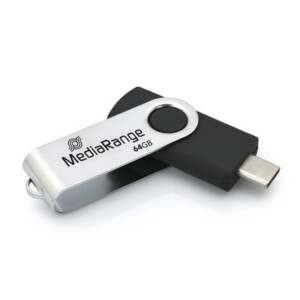 MediaRange USB 3.2 Gen 1 Type-C® Flash Memory Drive, Swivel Housing, Black/Silver, 64GB