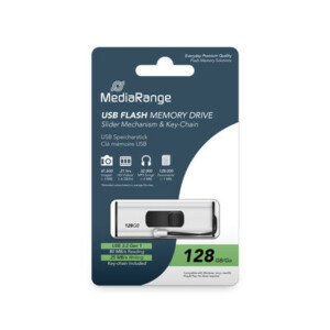 MediaRange USB 3.2 Gen 1 Flash Memory Drive with Sliding Mechanism and Key Chain, Silver/Black, 128GB