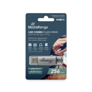 MediaRange USB 3.2 Gen 1 Combo Flash Memory Drive with USB-A and USB-C®, with Protective Caps, Silver, 256GB