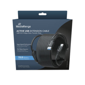 MediaRange Active USB Extension Cable, 2x USB-A Plug to 1x USB-A Socket, 2x Repeater, USB 3.0, 5 Gbps Data Transfer Rate, 15m, Black