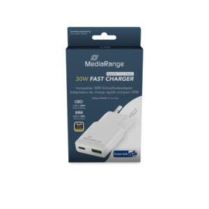 MediaRange 30W GaN Fast Charging Adapter 1x USB-C and 1x USB-A, USB-C® Power Delivery and Quick Charge