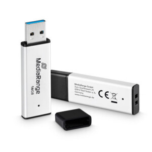 MediaRange USB 3.2 Gen 1 High Performance Flash Memory Drive, Housing with Protective Cap, Silver/Black, 16GB