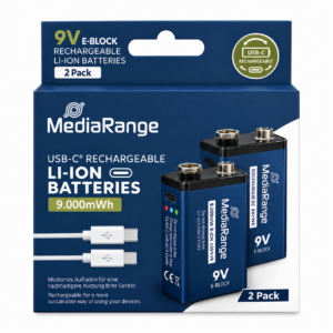 MediaRange Rechargeable USB-C Li-Ion Batteries, E-Block I 9V I 3060mWh I 340mAh, 2-Pack