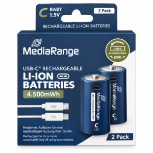 MediaRange Rechargeable USB-C Li-Ion Batteries, Baby C I 1.5V I 4.500mWh I 3.000mAh, 2-Pack
