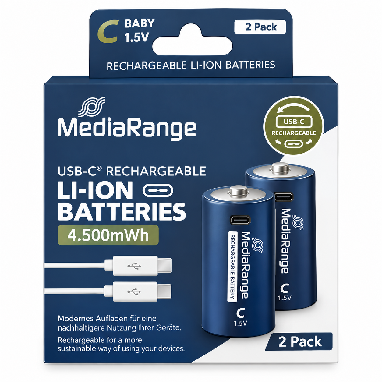MediaRange Rechargeable USB-C Li-Ion Batteries, Baby C I 1.5V I 4.500mWh I 3.000mAh, 2-Pack