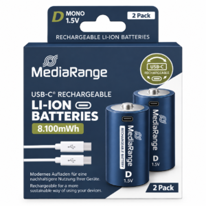 MediaRange Rechargeable USB-C Li-Ion Batteries, Mono D I 1.5V I 8.100mWh I 5.400mAh, 2-Pack
