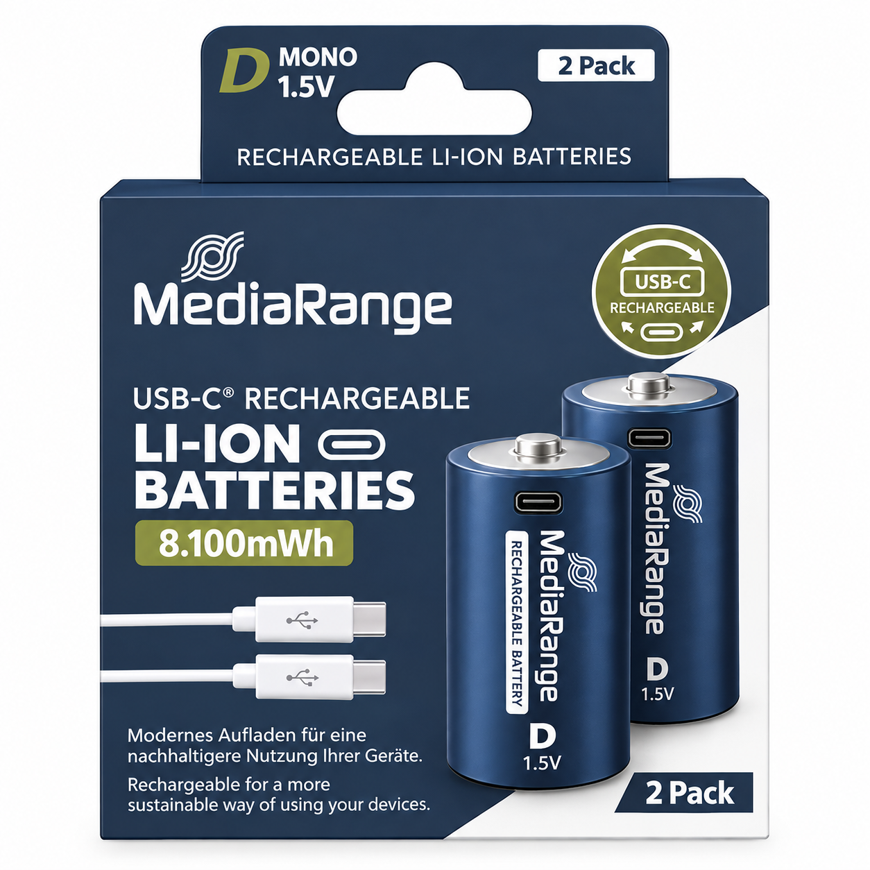 MediaRange Rechargeable USB-C Li-Ion Batteries, Mono D I 1.5V I 8.100mWh I 5.400mAh, 2-Pack