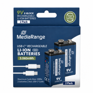 MediaRange Rechargeable USB-C Li-Ion Batteries, E-Block I 9V I 3060mWh I 340mAh, 2-Pack