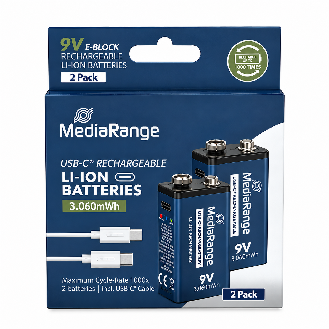 MediaRange Rechargeable USB-C Li-Ion Batteries, E-Block I 9V I 3060mWh I 340mAh, 2-Pack